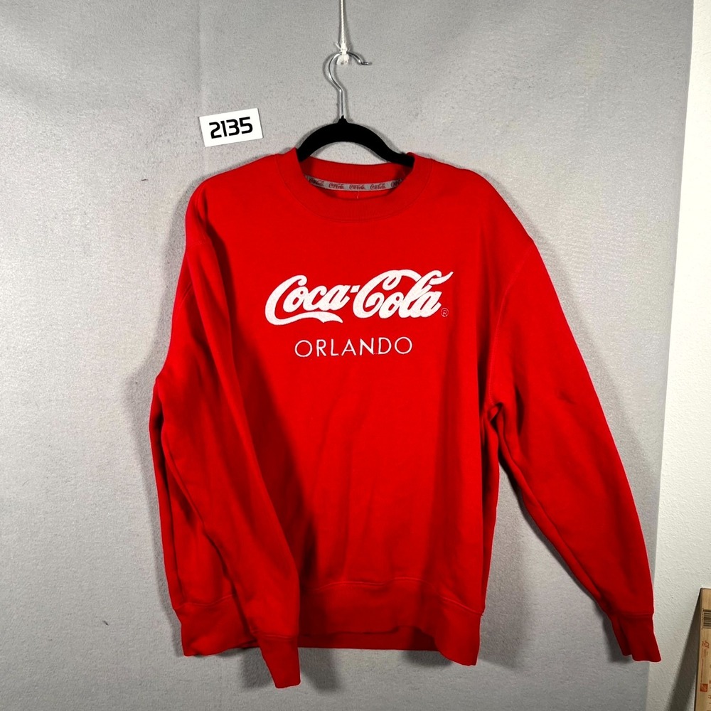 Coca Cola Orlando Sweatshirt Mens Medium Red Spellout Graphic Print Fleece Lined